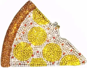Women Luxury Pizza Evening Bag Full Rhinestones Shiny Clutch Purse Detachable Chain for Festival Halloween Christmas