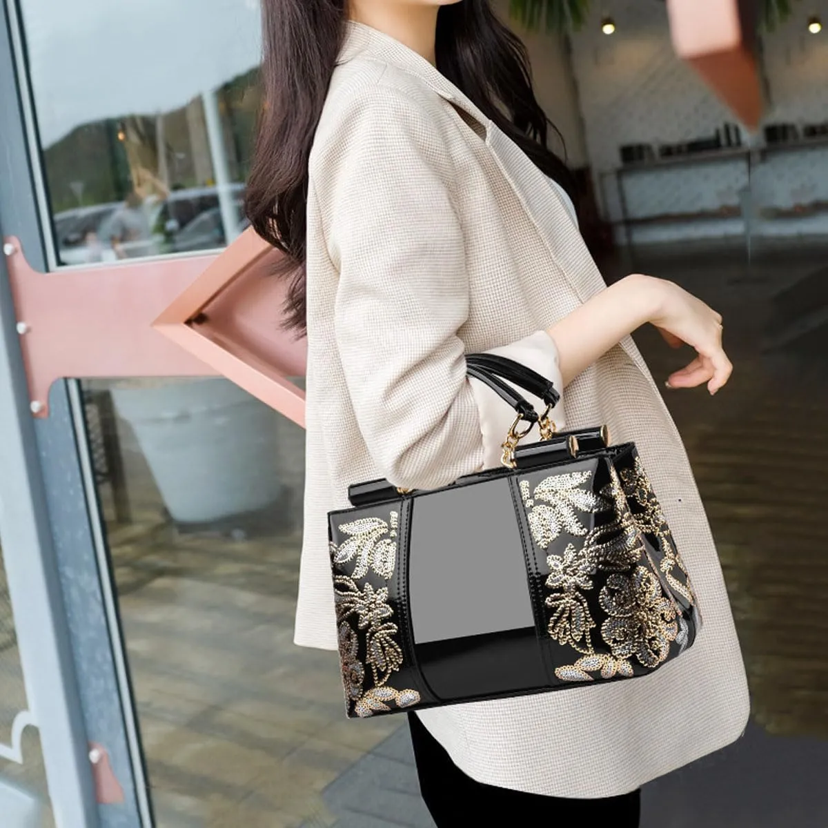 Women Patent Leather Fashion Handbags Double Sided Sequin Embroidery Shoulder Bag Top Handle Satchel Purse Black