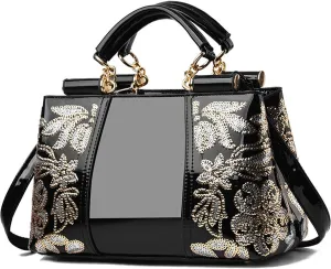 Women Patent Leather Fashion Handbags Double Sided Sequin Embroidery Shoulder Bag Top Handle Satchel Purse Black