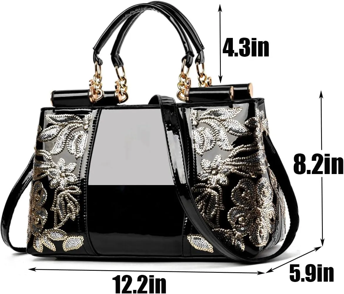 Women Patent Leather Fashion Handbags Double Sided Sequin Embroidery Shoulder Bag Top Handle Satchel Purse Black