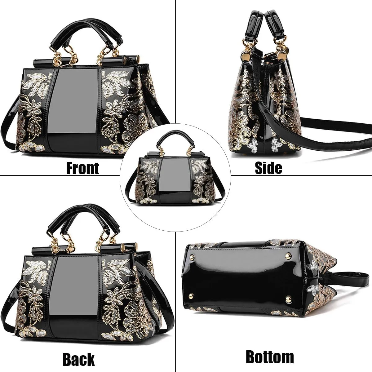 Women Patent Leather Fashion Handbags Double Sided Sequin Embroidery Shoulder Bag Top Handle Satchel Purse Black