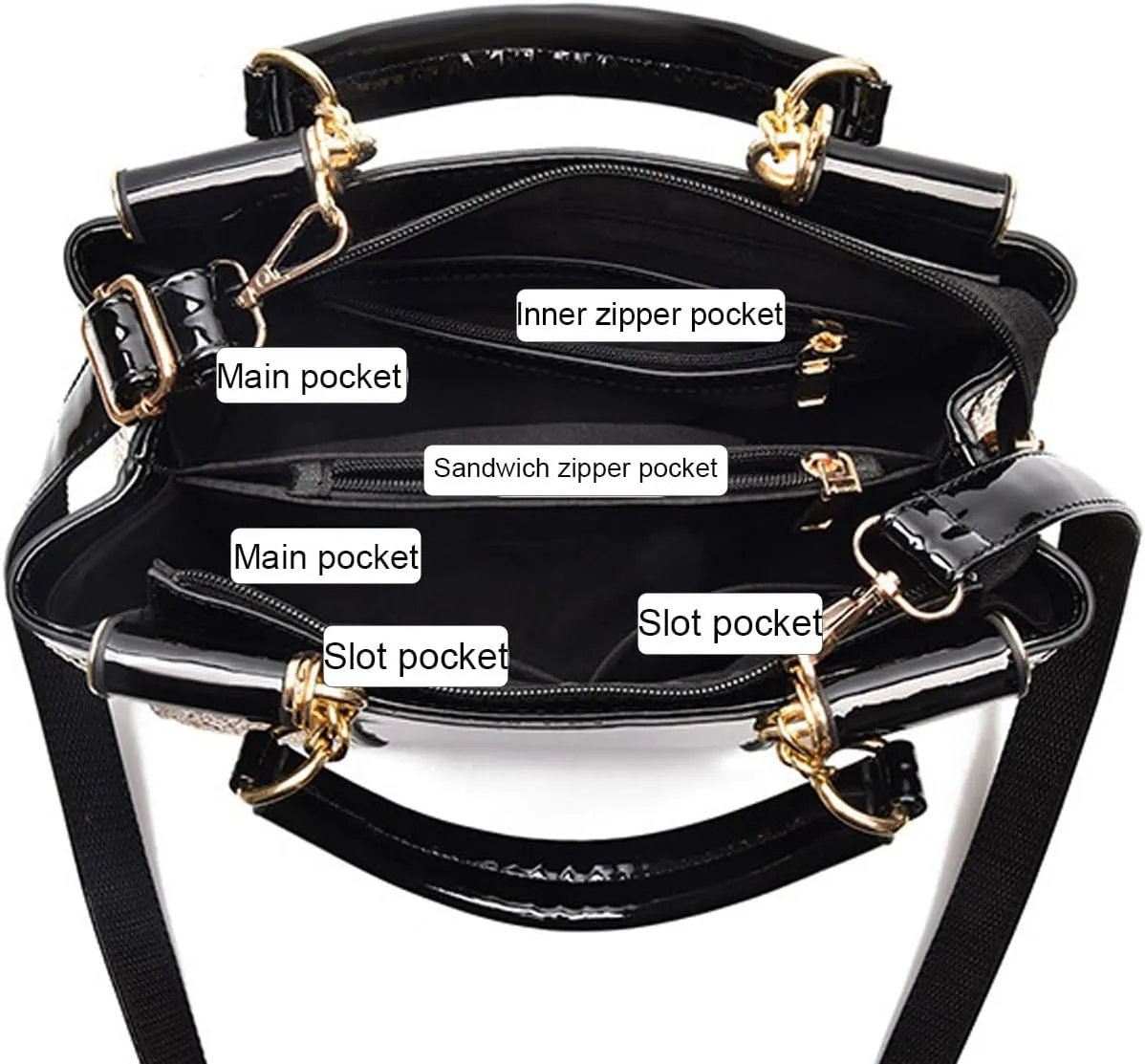Women Patent Leather Fashion Handbags Double Sided Sequin Embroidery Shoulder Bag Top Handle Satchel Purse Black
