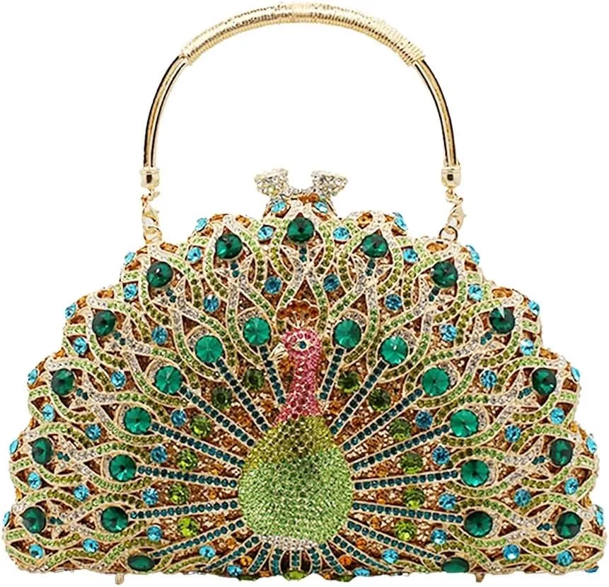 Women Peacock Crystal Clutch Purse Sparkling Rhinestone Handbag Ladies Luxury Evening Bag Wedding Party Purse, Green