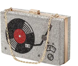 Women Retro Radio Shape Crossbody Bag Rhinestone Metal Vintage Evening Clutch Purses