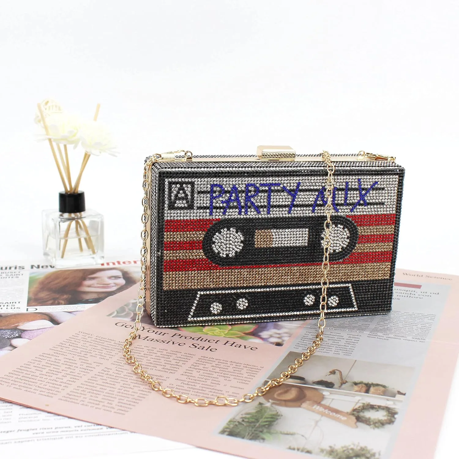 Women Retro Radio Tape-shaped Evening Handbag Party Clutch Purse Chain Shoulder Bag