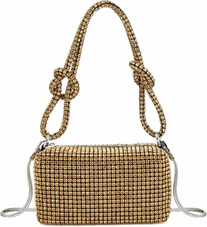 Women Rhinestone Box Bag Knot Handle Evening Clutch Handbag Diamond Purse with Detachable Strap for Wedding Party