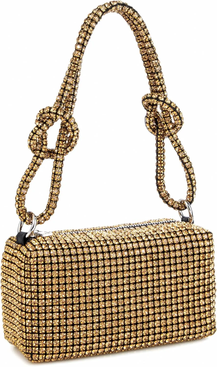 Women Rhinestone Box Bag Knot Handle Evening Clutch Handbag Diamond Purse with Detachable Strap for Wedding Party