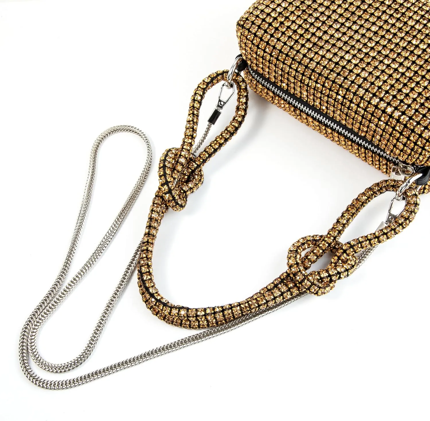 Women Rhinestone Box Bag Knot Handle Evening Clutch Handbag Diamond Purse with Detachable Strap for Wedding Party