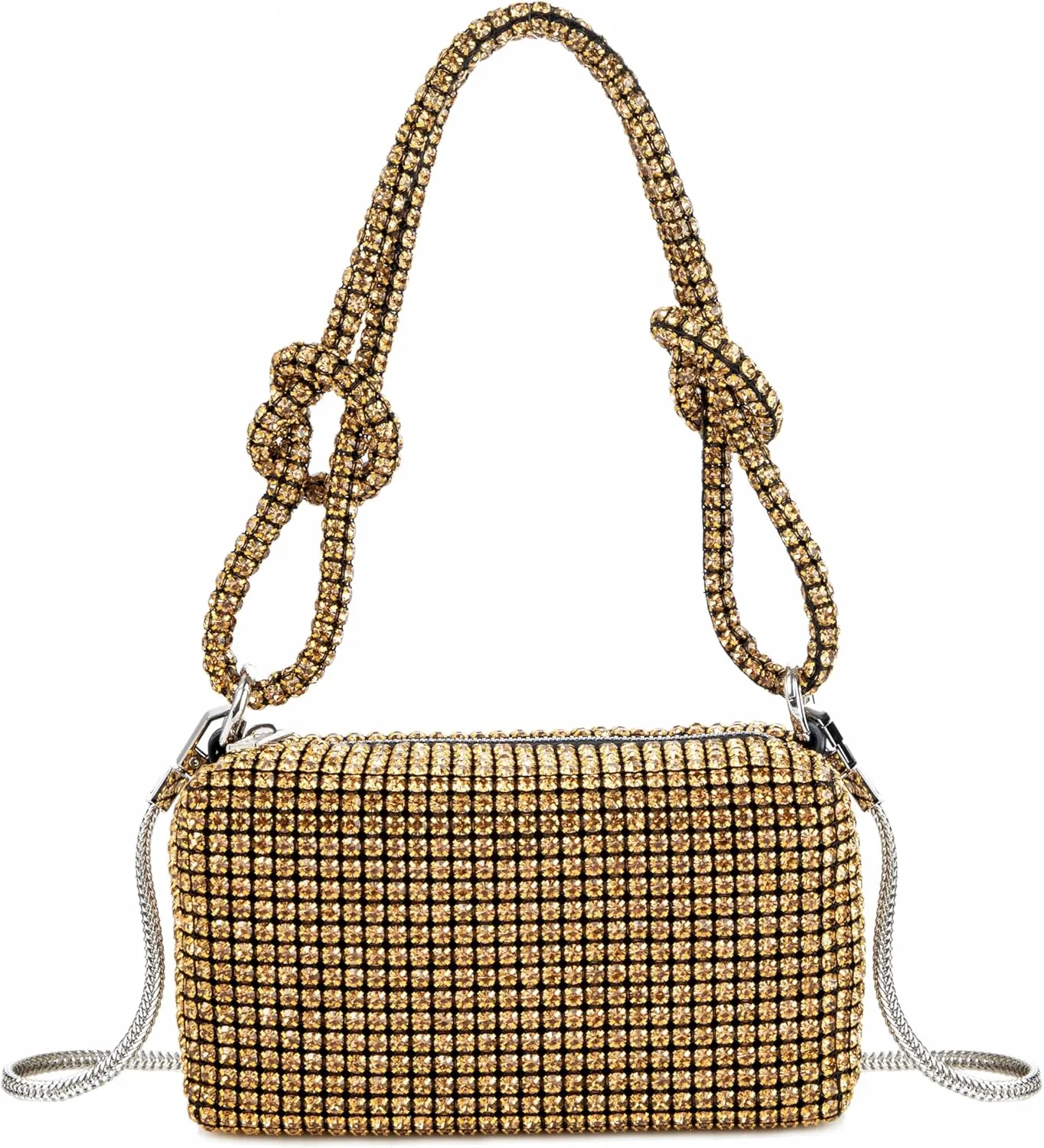 Women Rhinestone Box Bag Knot Handle Evening Clutch Handbag Diamond Purse with Detachable Strap for Wedding Party