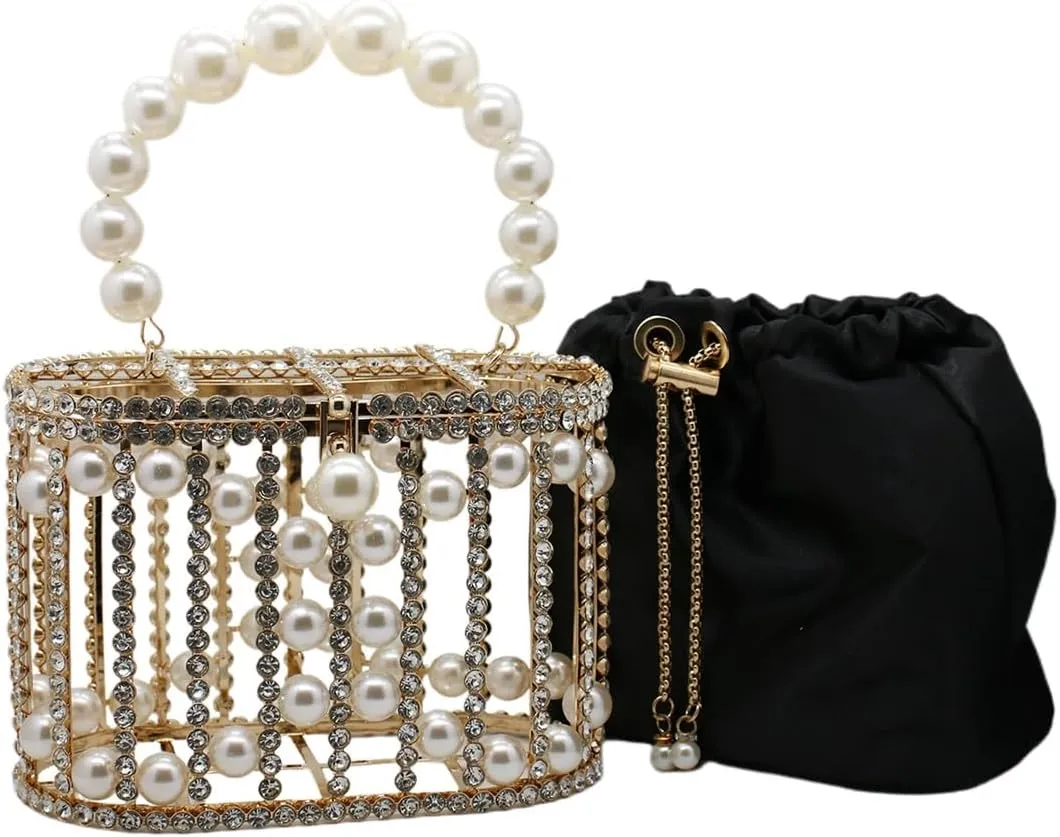 Women Rhinestone Cage Bag Sparkling Hollow Pearl Evening Clutch Glitter Double-layer Detachable Basket Handbag