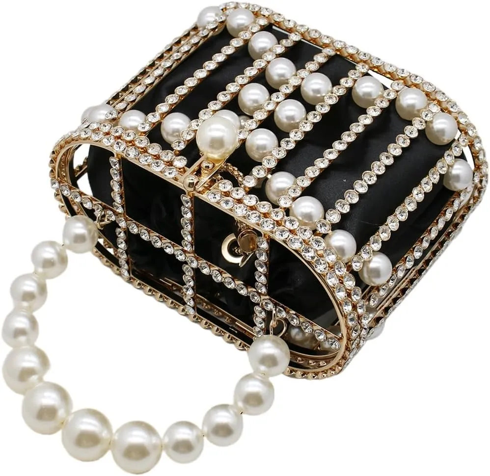 Women Rhinestone Cage Bag Sparkling Hollow Pearl Evening Clutch Glitter Double-layer Detachable Basket Handbag