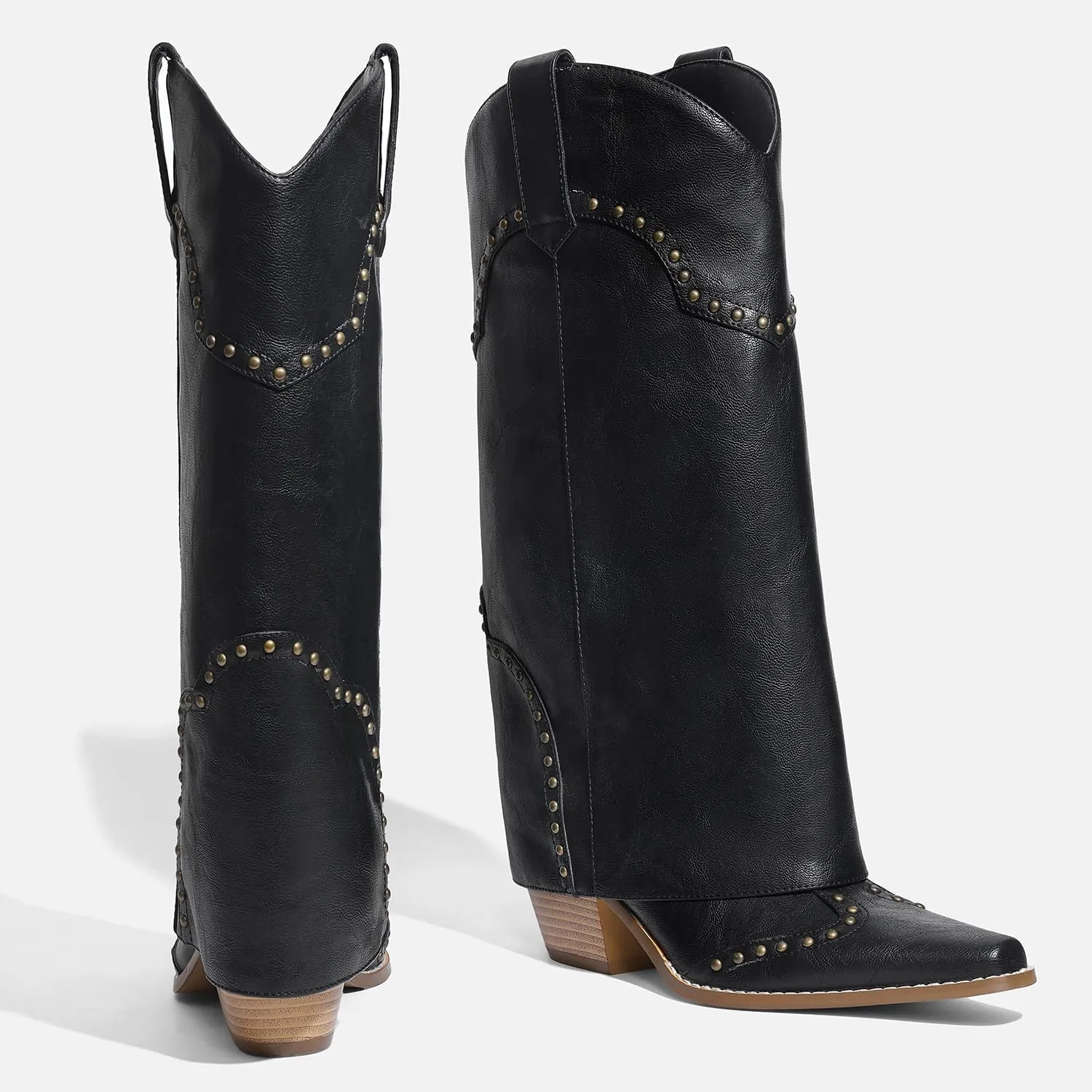 Women Shark Boots Fold Over Mid Calf Chunky Heel Snip Toe Cowboy Cowgirl Pull On Studded Boots for Women
