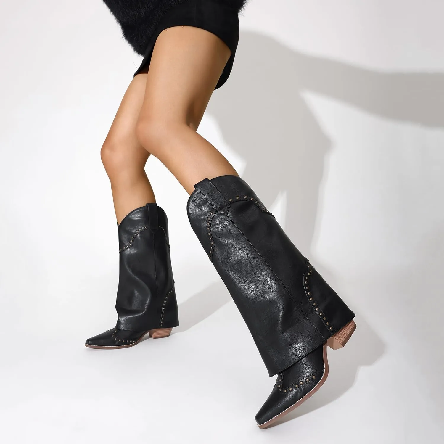 Women Shark Boots Fold Over Mid Calf Chunky Heel Snip Toe Cowboy Cowgirl Pull On Studded Boots for Women