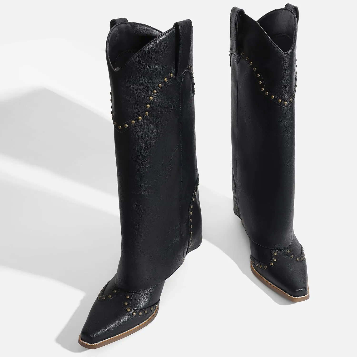 Women Shark Boots Fold Over Mid Calf Chunky Heel Snip Toe Cowboy Cowgirl Pull On Studded Boots for Women