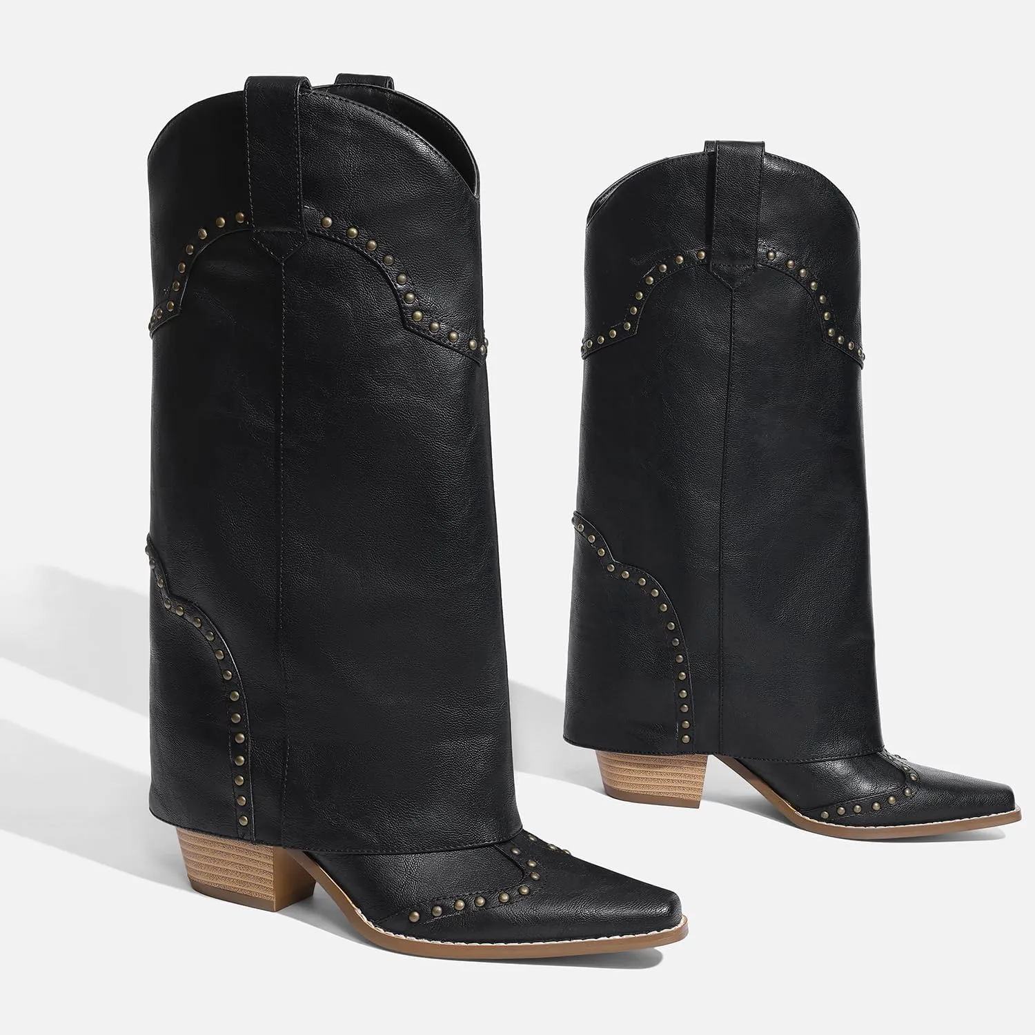 Women Shark Boots Fold Over Mid Calf Chunky Heel Snip Toe Cowboy Cowgirl Pull On Studded Boots for Women
