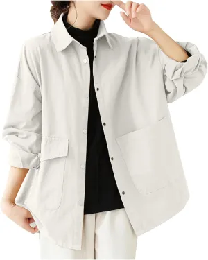 Women's 2024 Cotton Linen V Neck Button Down Shirts Long/Roll Up Sleeve Casual Collared Work Blouse Top with Pockets