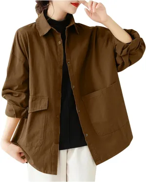 Women's 2024 Cotton Linen V Neck Button Down Shirts Long/Roll Up Sleeve Casual Collared Work Blouse Top with Pockets