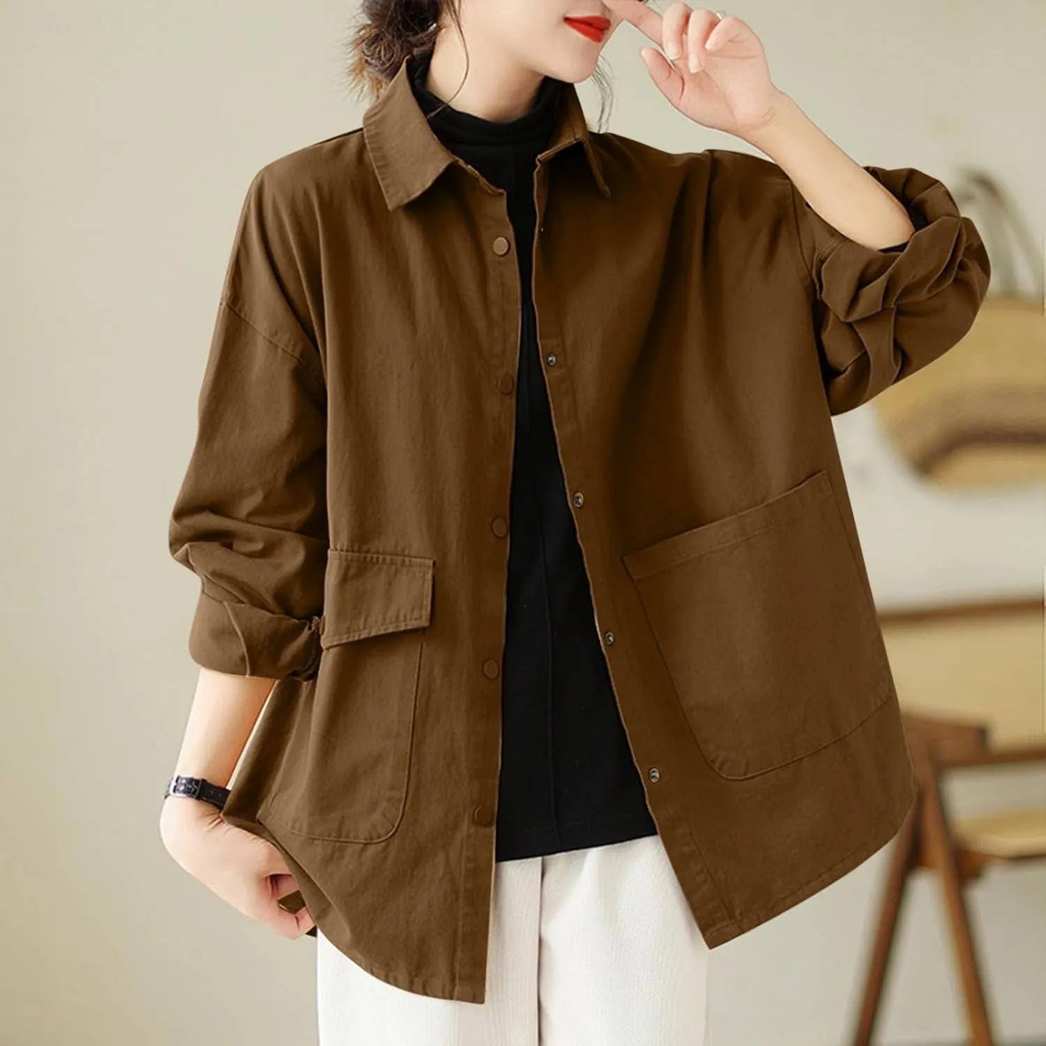 Women's 2024 Cotton Linen V Neck Button Down Shirts Long/Roll Up Sleeve Casual Collared Work Blouse Top with Pockets