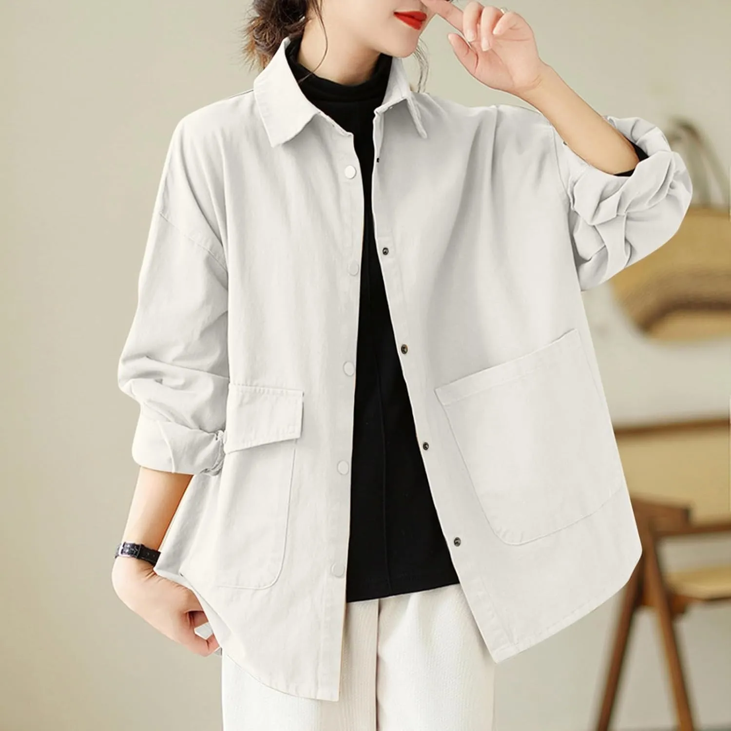Women's 2024 Cotton Linen V Neck Button Down Shirts Long/Roll Up Sleeve Casual Collared Work Blouse Top with Pockets