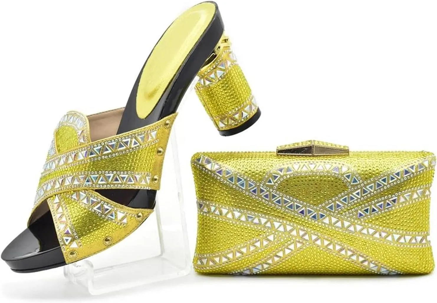 Womens African Shoes and Bag Set for Evening Party Wedding Heels Italian Fish-Mouth High Heels and Crystal Clutch