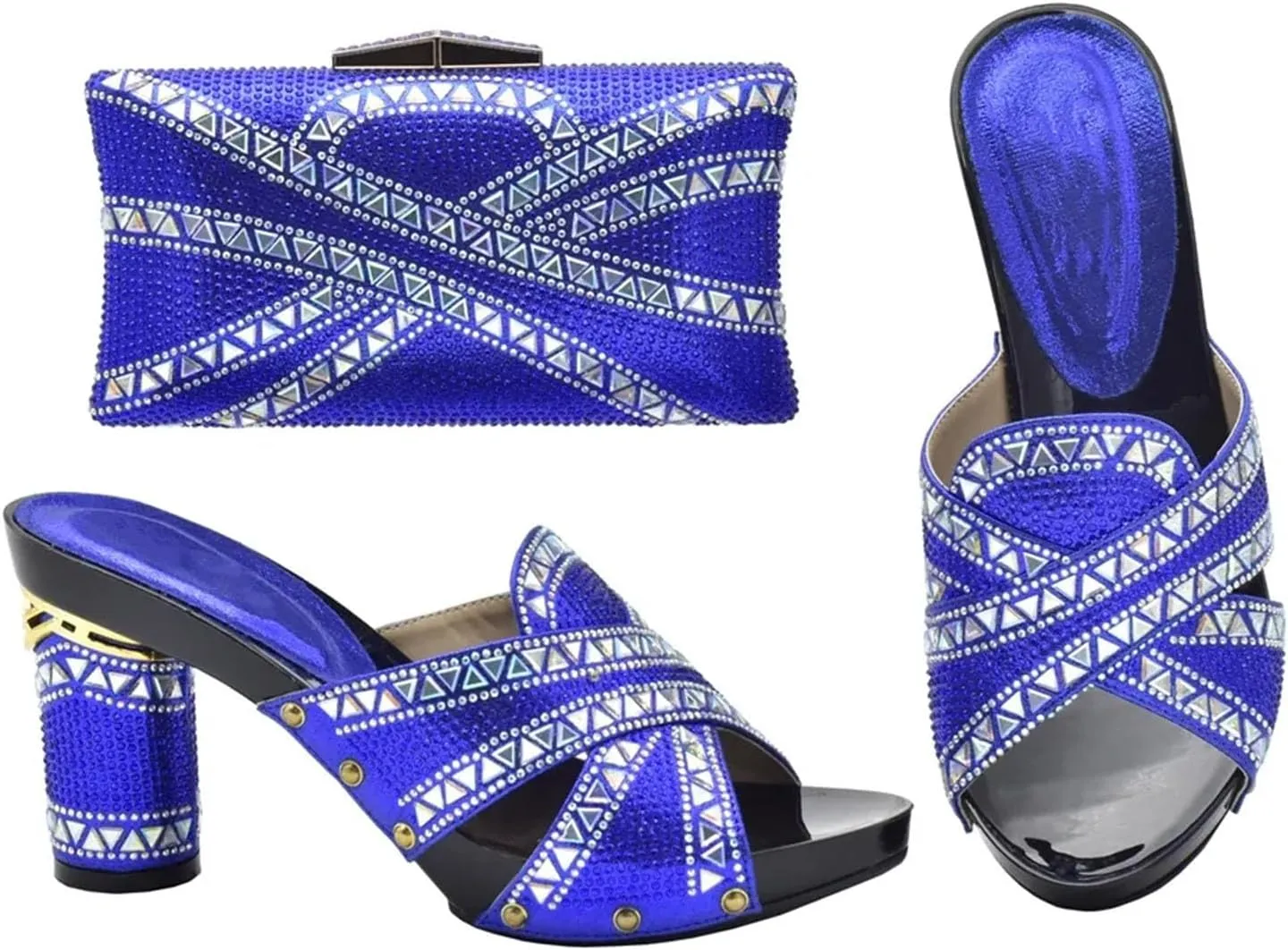 Womens African Shoes and Bag Set for Evening Party Wedding Heels Italian Fish-Mouth High Heels and Crystal Clutch
