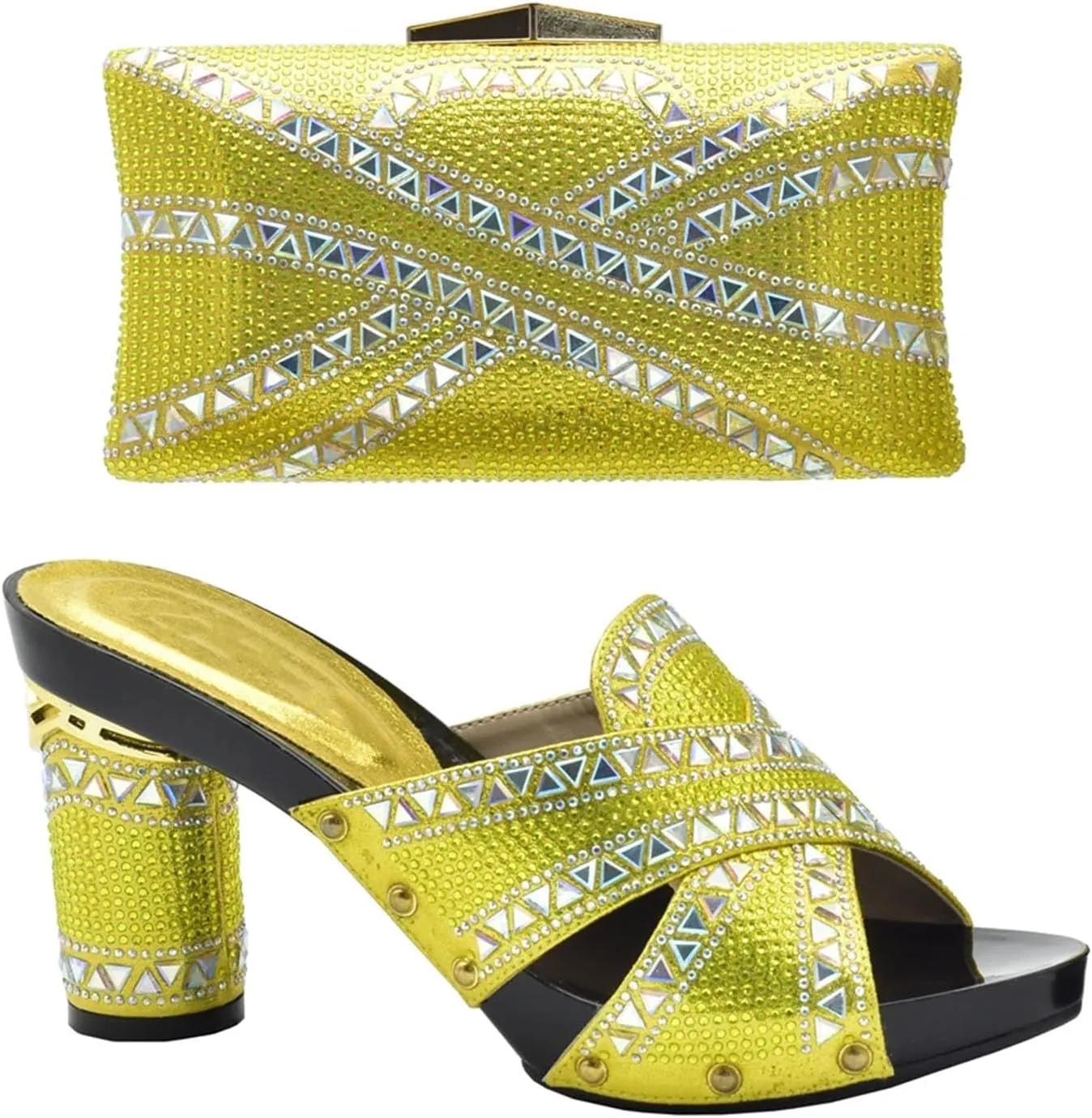 Womens African Shoes and Bag Set for Evening Party Wedding Heels Italian Fish-Mouth High Heels and Crystal Clutch