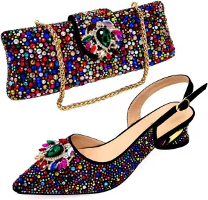 Women’s African Themed Wedding Shoes and Matching Shoulder Bag Combo Pointed Toe Comfortable Heels for Bride