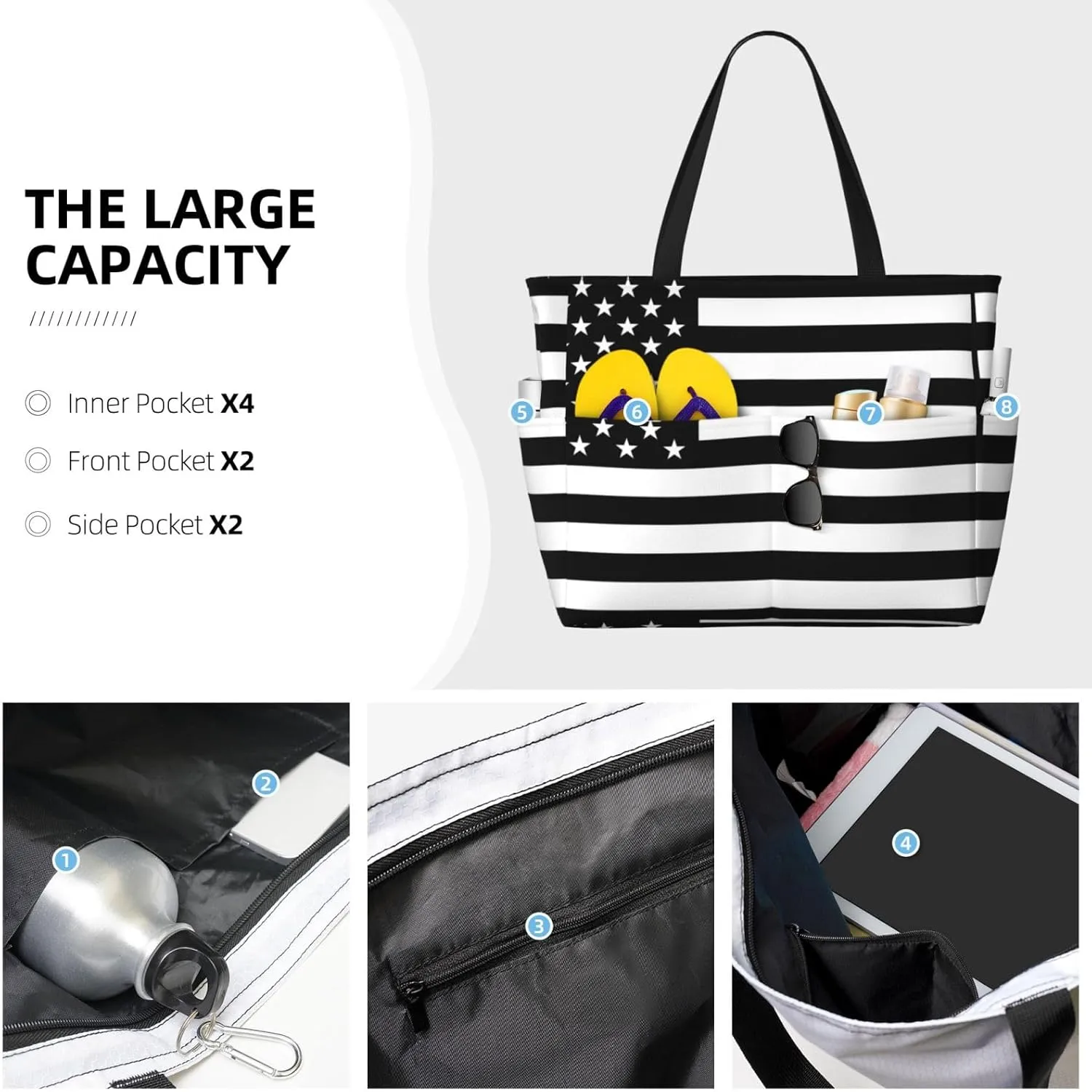 Women's Beach Travel Bags Large Waterproof Tote Bag with Pockets Sandproof Handbag for Beach Gym Vacation