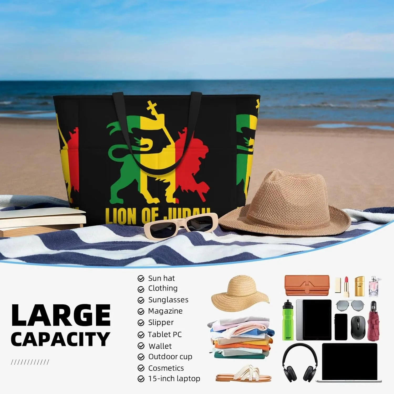 Women's Beach Travel Bags Large Waterproof Tote Bag with Pockets Sandproof Handbag for Beach Gym Vacation