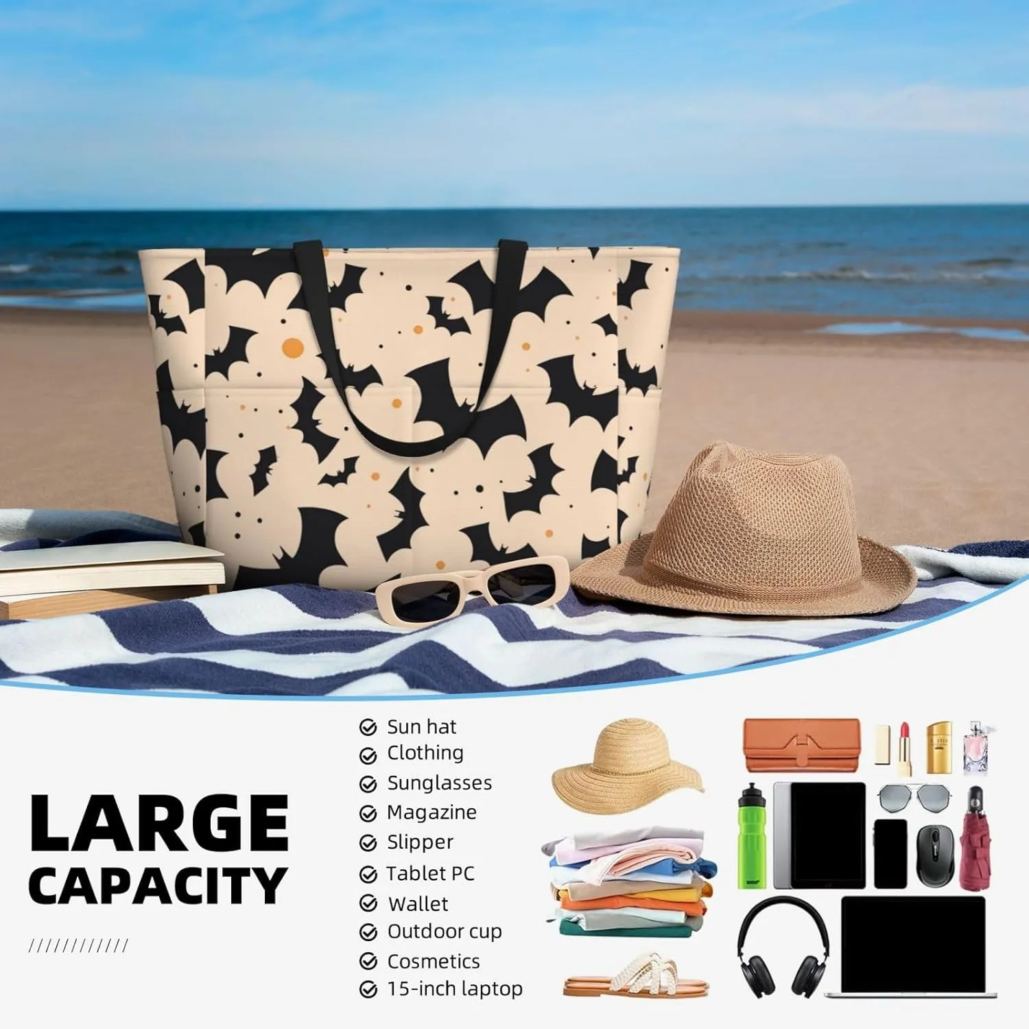 Women's Beach Travel Bags Large Waterproof Tote Bag with Pockets Sandproof Handbag for Beach Gym Vacation