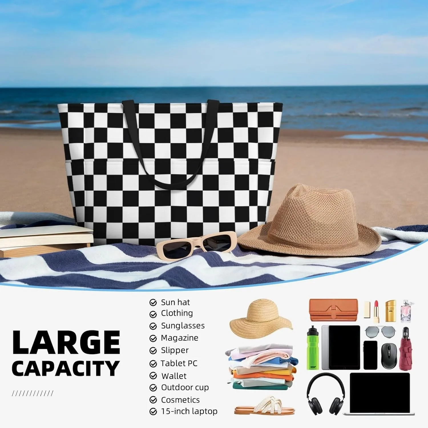 Women's Beach Travel Bags Large Waterproof Tote Bag with Pockets Sandproof Handbag for Beach Gym Vacation