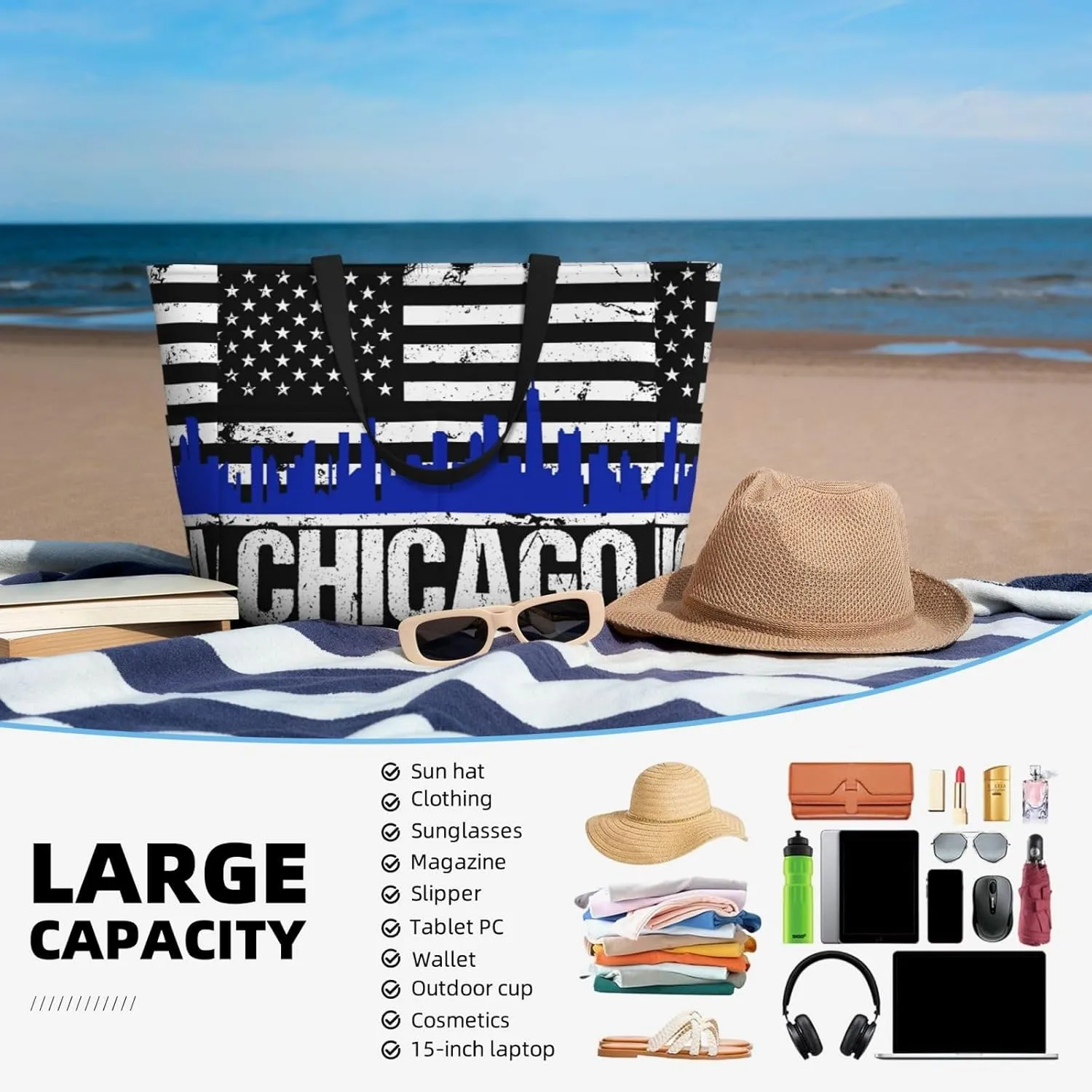 Women's Beach Travel Bags Large Waterproof Tote Bag with Pockets Sandproof Handbag for Beach Gym Vacation