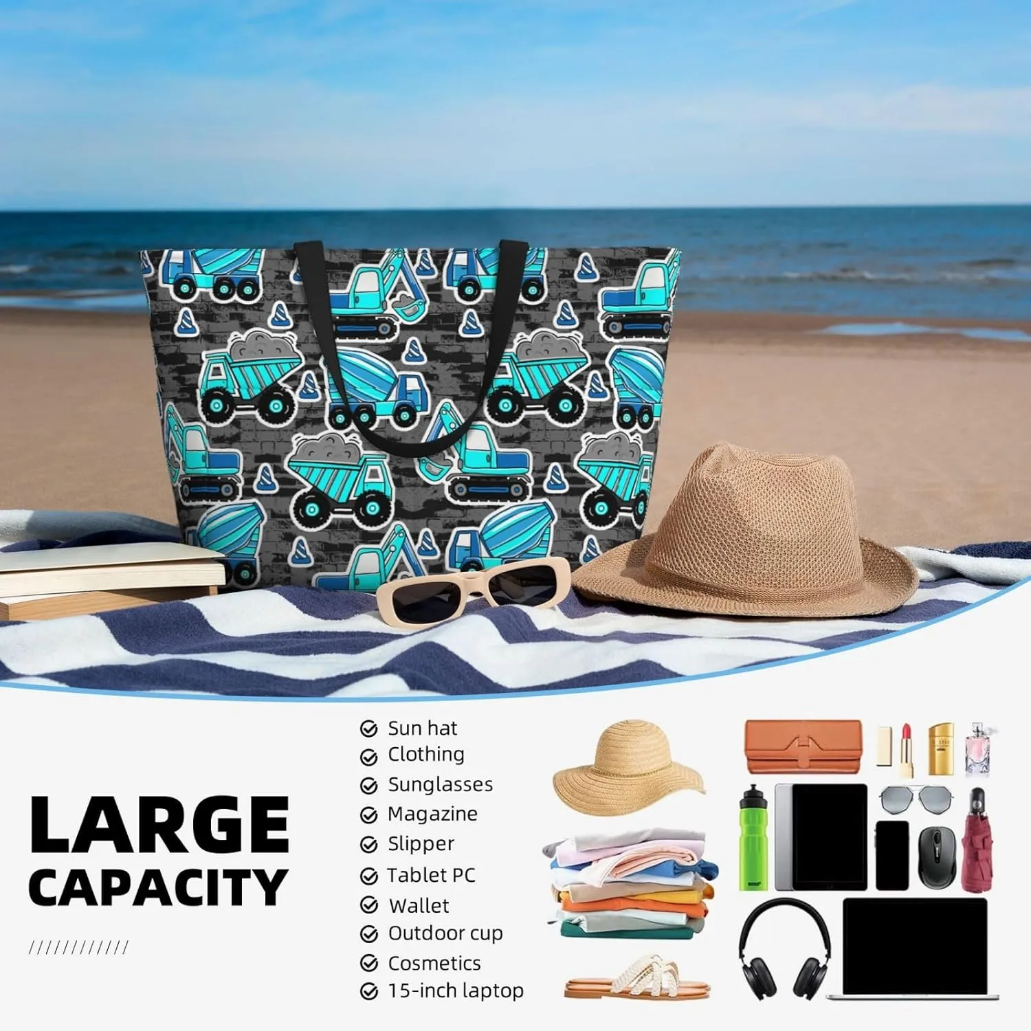 Women's Beach Travel Bags Large Waterproof Tote Bag with Pockets Sandproof Handbag for Beach Gym Vacation