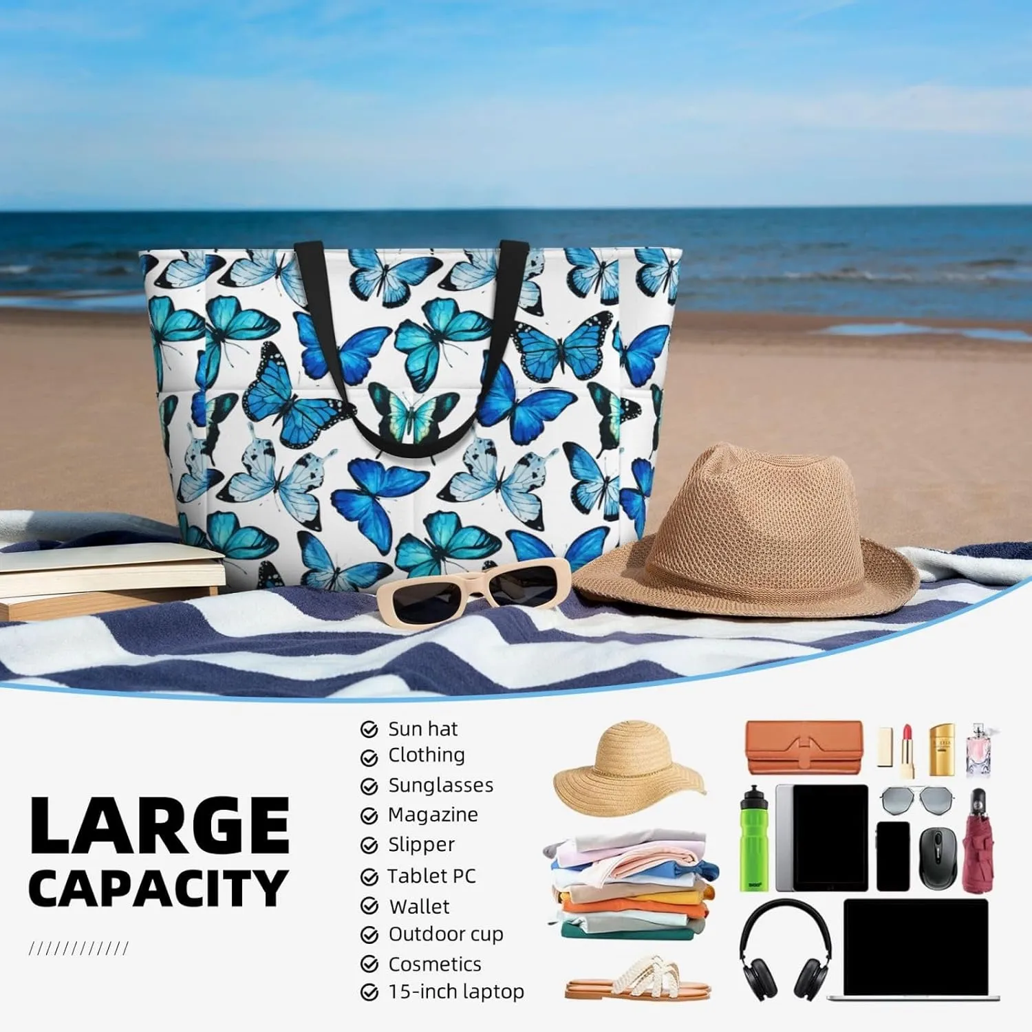 Women's Beach Travel Bags Large Waterproof Tote Bag with Pockets Sandproof Handbag for Beach Gym Vacation