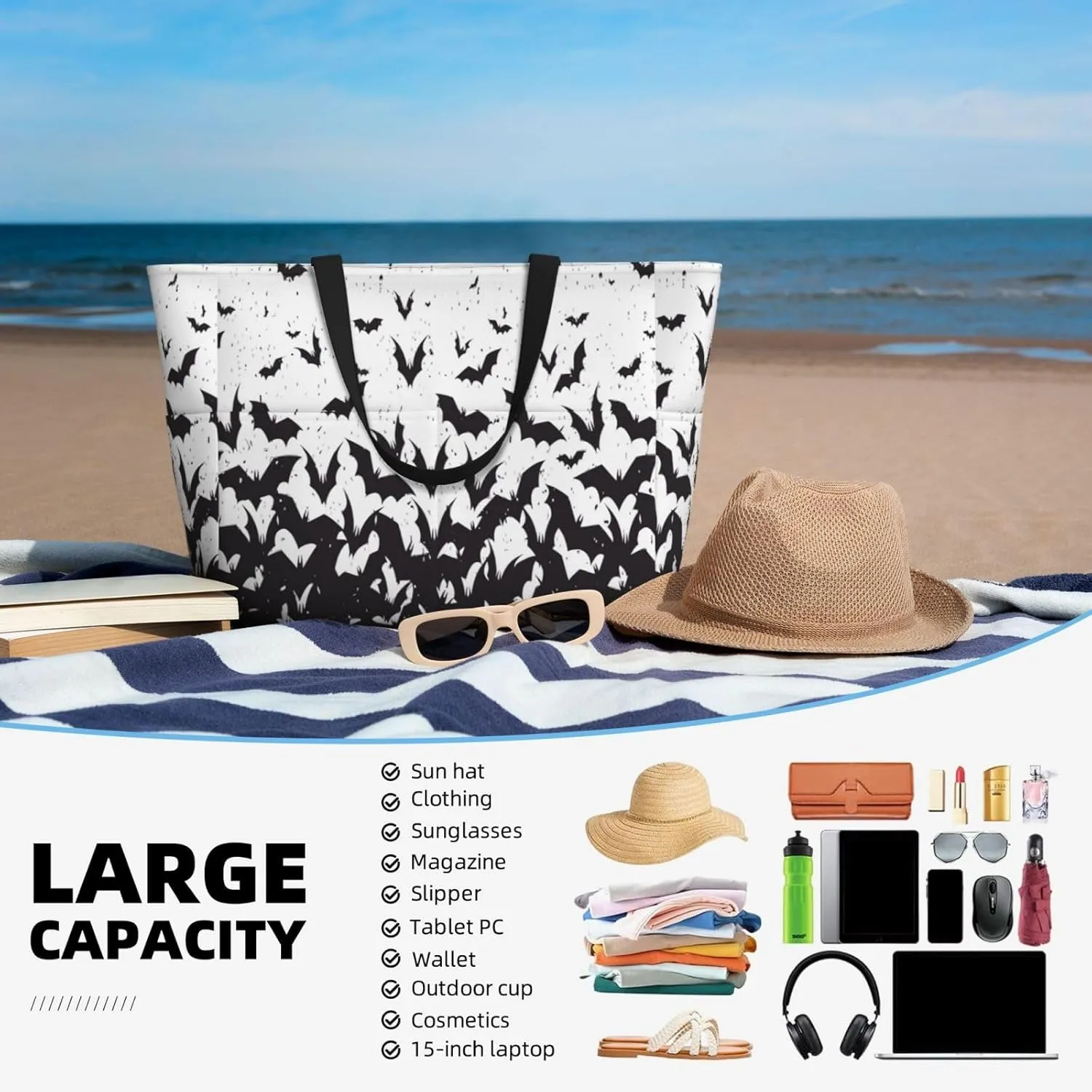 Women's Beach Travel Bags Large Waterproof Tote Bag with Pockets Sandproof Handbag for Beach Gym Vacation