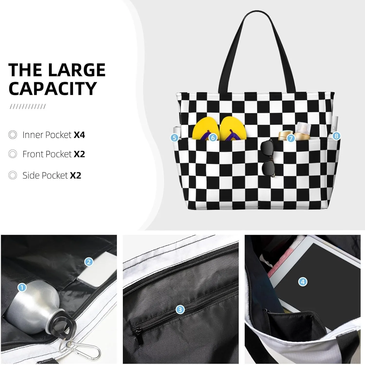Women's Beach Travel Bags Large Waterproof Tote Bag with Pockets Sandproof Handbag for Beach Gym Vacation