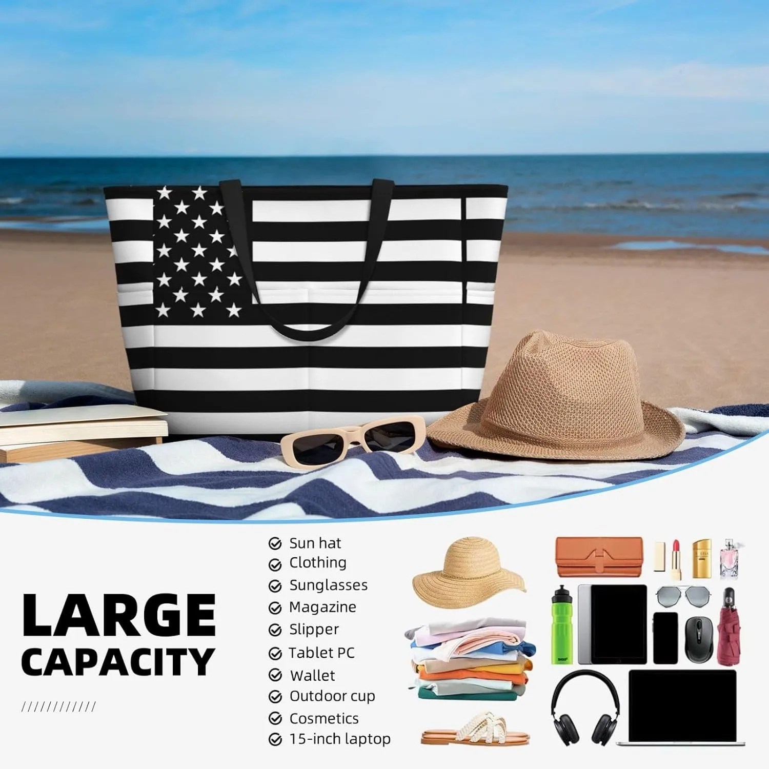 Women's Beach Travel Bags Large Waterproof Tote Bag with Pockets Sandproof Handbag for Beach Gym Vacation