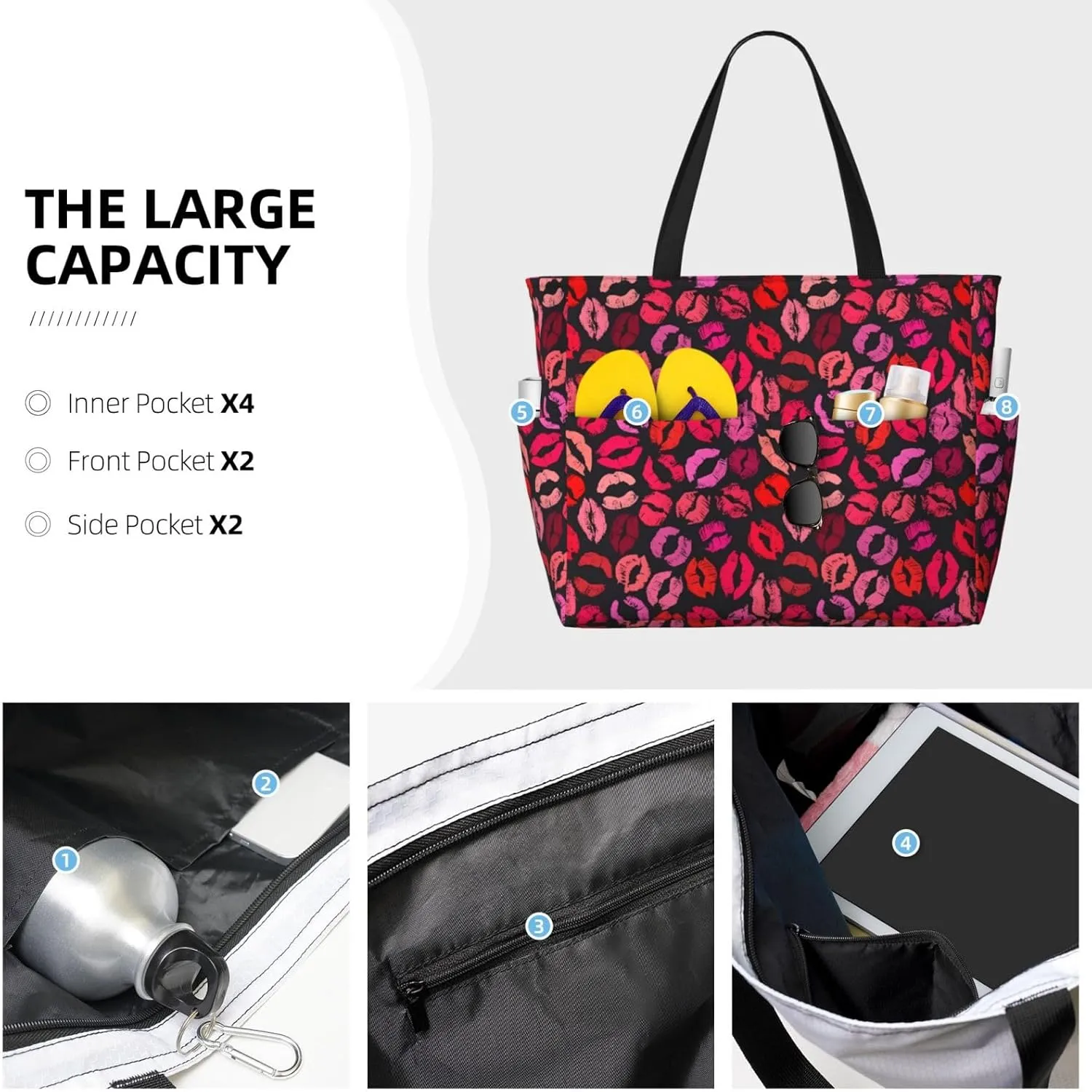 Women's Beach Travel Bags Large Waterproof Tote Bag with Pockets Sandproof Handbag for Beach Gym Vacation