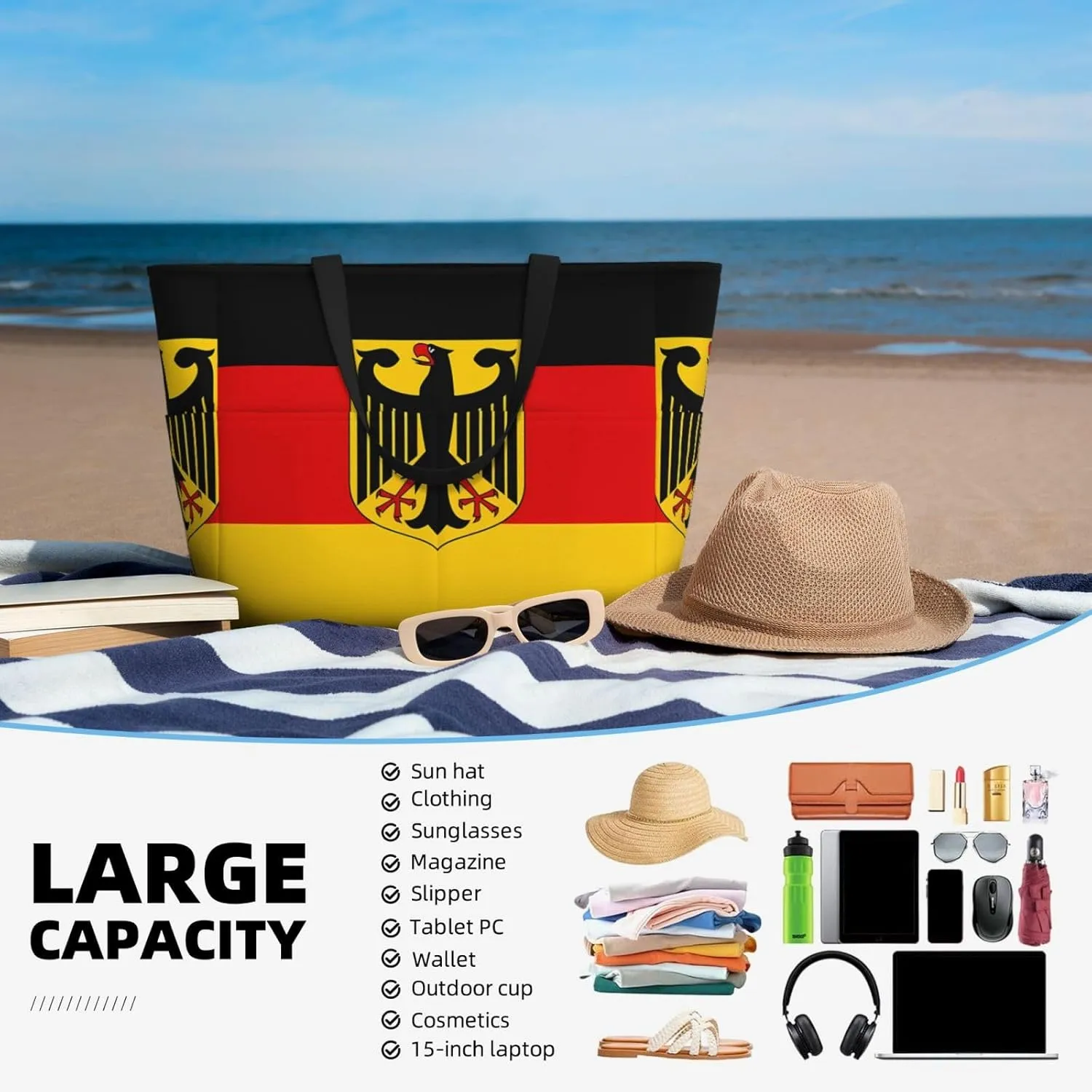 Women's Beach Travel Bags Large Waterproof Tote Bag with Pockets Sandproof Handbag for Beach Gym Vacation