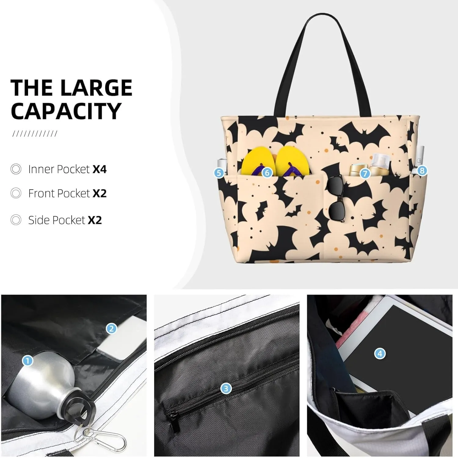 Women's Beach Travel Bags Large Waterproof Tote Bag with Pockets Sandproof Handbag for Beach Gym Vacation