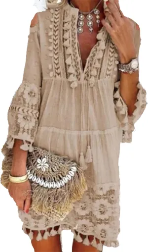 Women's Boho Floral Lace Tassel Fringe V-Neck Short Dress Embroidered Patchwork Seven Sleeve Loose Sundress