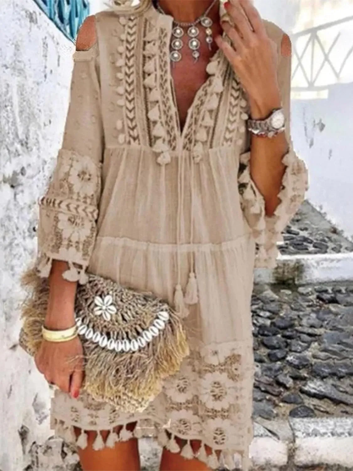 Women's Boho Floral Lace Tassel Fringe V-Neck Short Dress Embroidered Patchwork Seven Sleeve Loose Sundress