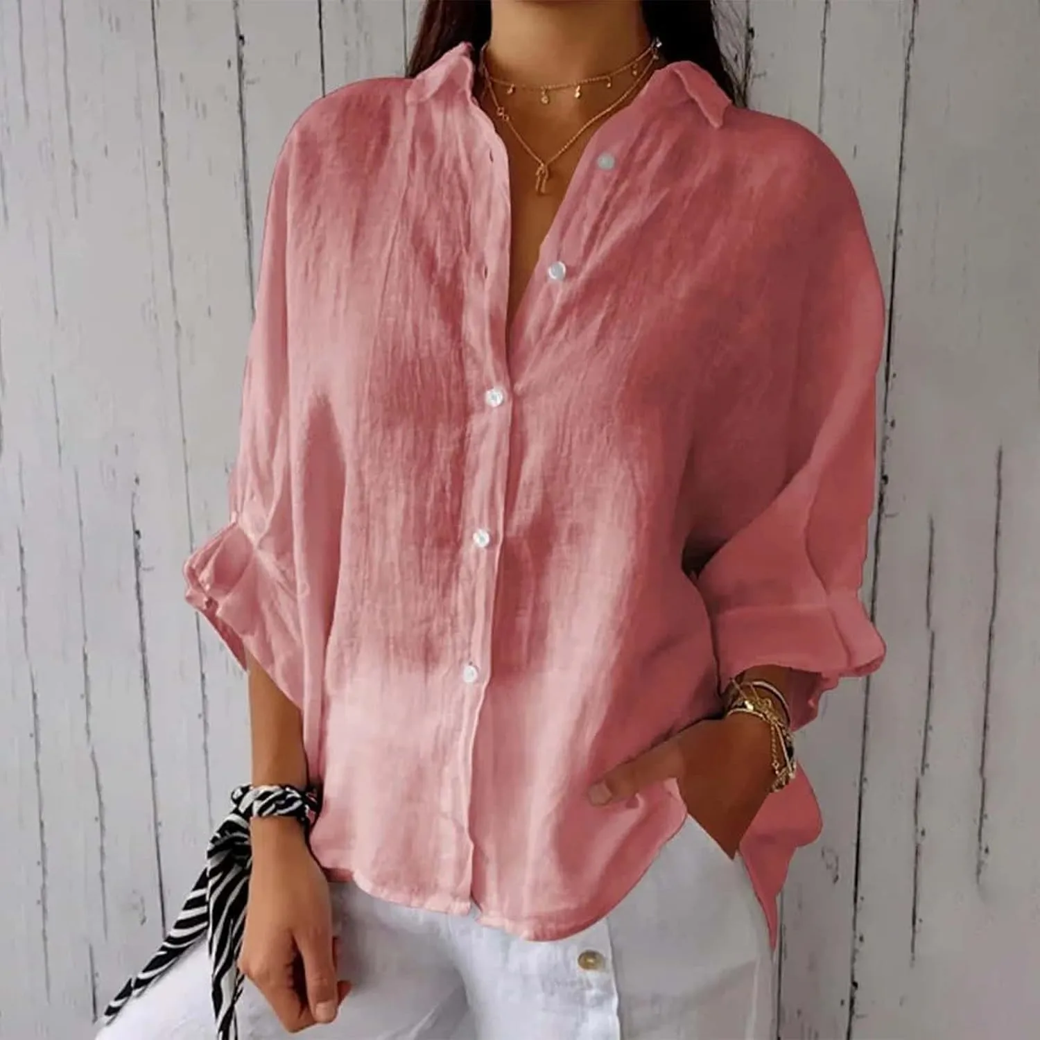 Womens Button Down V Neck Shirts 3/4 Sleeve Chiffon Casual Blouse Loose Fit Collared Linen Work Oversized Blouse