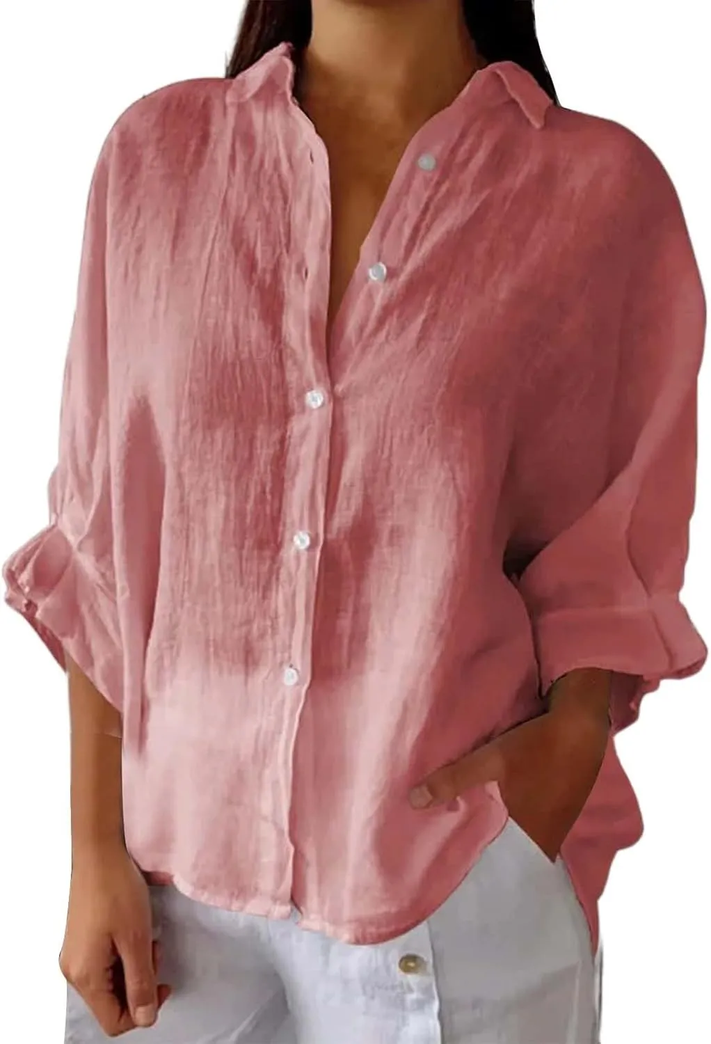 Womens Button Down V Neck Shirts 3/4 Sleeve Chiffon Casual Blouse Loose Fit Collared Linen Work Oversized Blouse