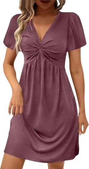 Women's Casual Dresses 2025 Summer Short Sleeve Twist Front Sundress Empire Waist A-Line Ruched Mini Dresses