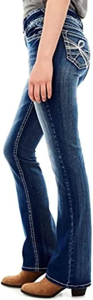 Womens Classic Flower Embroidery Mid Rise Stretchy Bootcut Jeans Slim Straight Leg Denim Jean Pants Deep Blue01