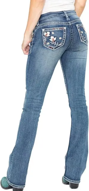 Womens Classic Flower Embroidery Mid Rise Stretchy Bootcut Jeans Slim Straight Leg Denim Jean Pants Light Blue