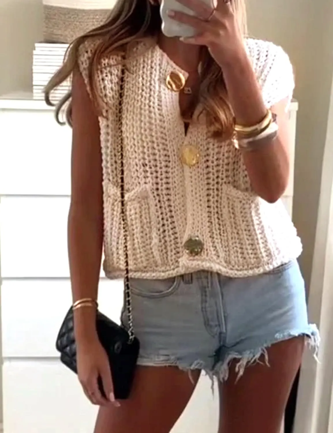 Womens Crop Knit Sweater Vest Top Gold Button Down Crochet Vest Sleeveless Chunky Sweater Cardigan with Pockets