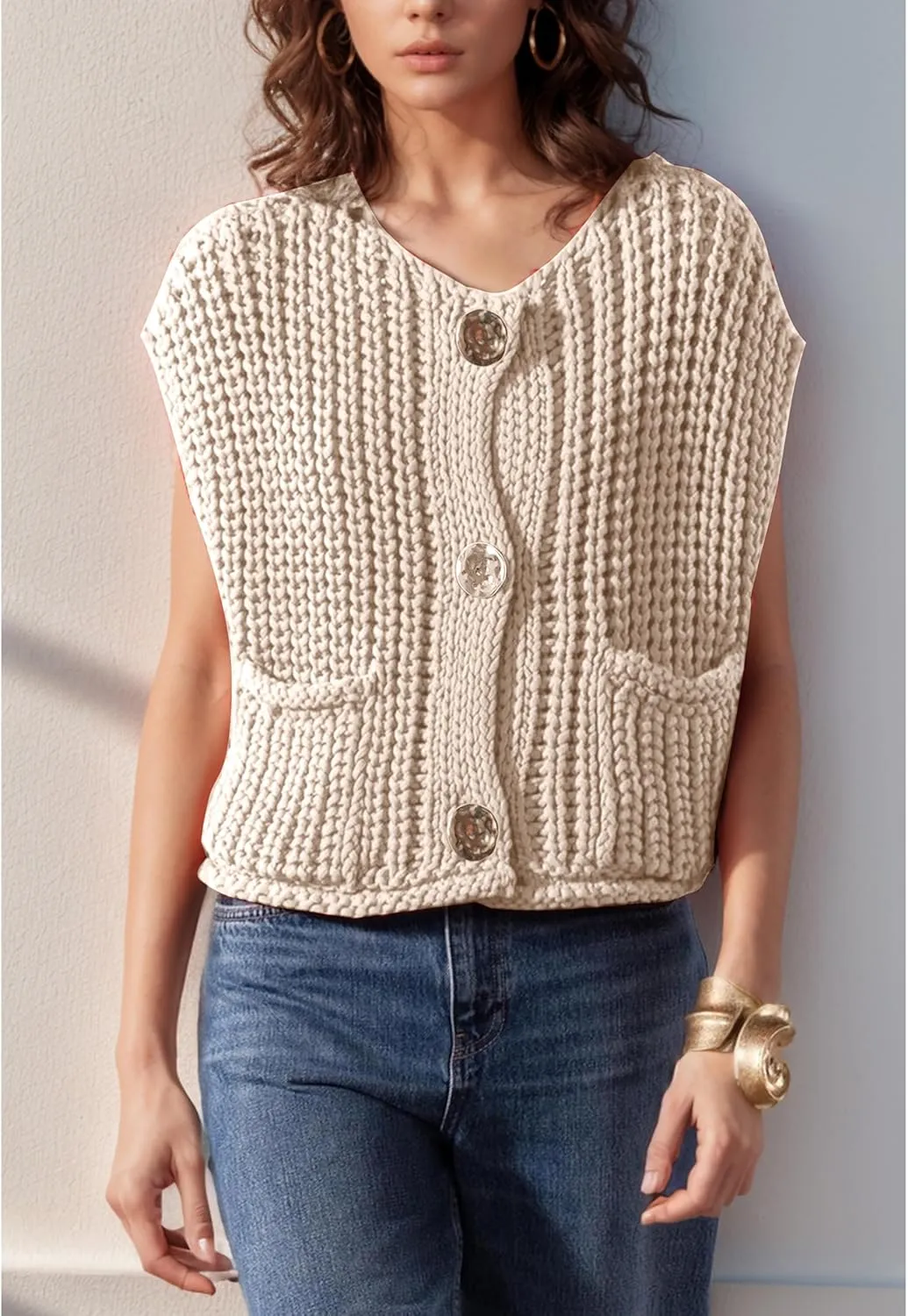 Womens Crop Knit Sweater Vest Top Gold Button Down Crochet Vest Sleeveless Chunky Sweater Cardigan with Pockets