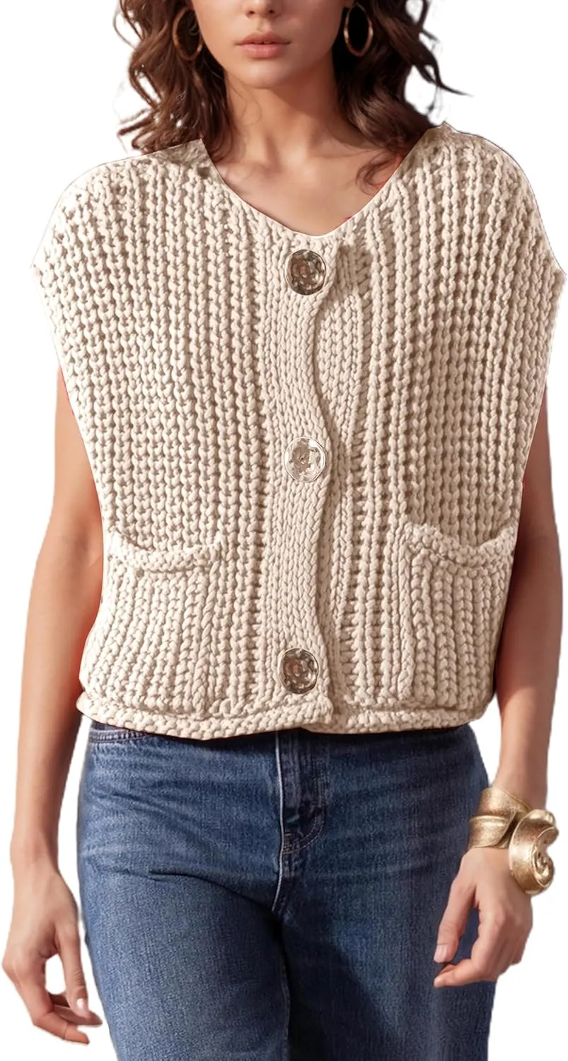 Womens Crop Knit Sweater Vest Top Gold Button Down Crochet Vest Sleeveless Chunky Sweater Cardigan with Pockets